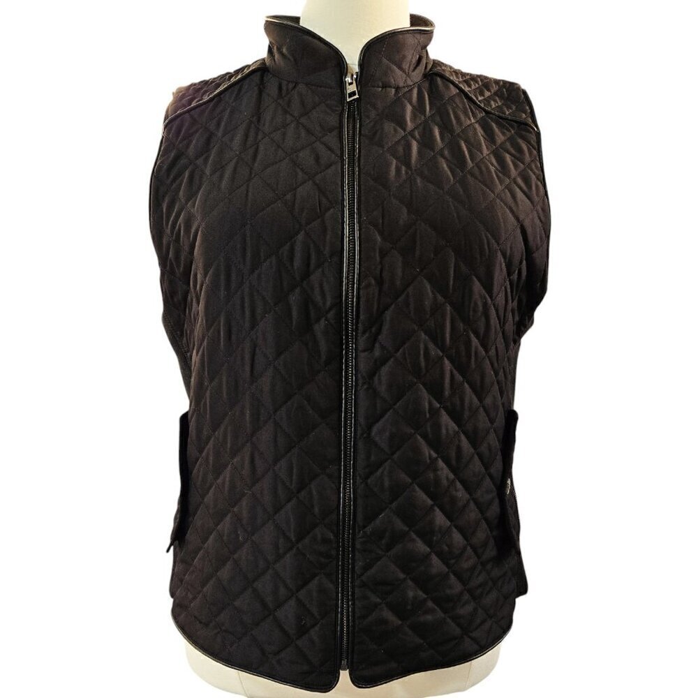 Chico's Black Rib Trim Quilted Stand Collar Zip Vest Ribbed Sides Capsule